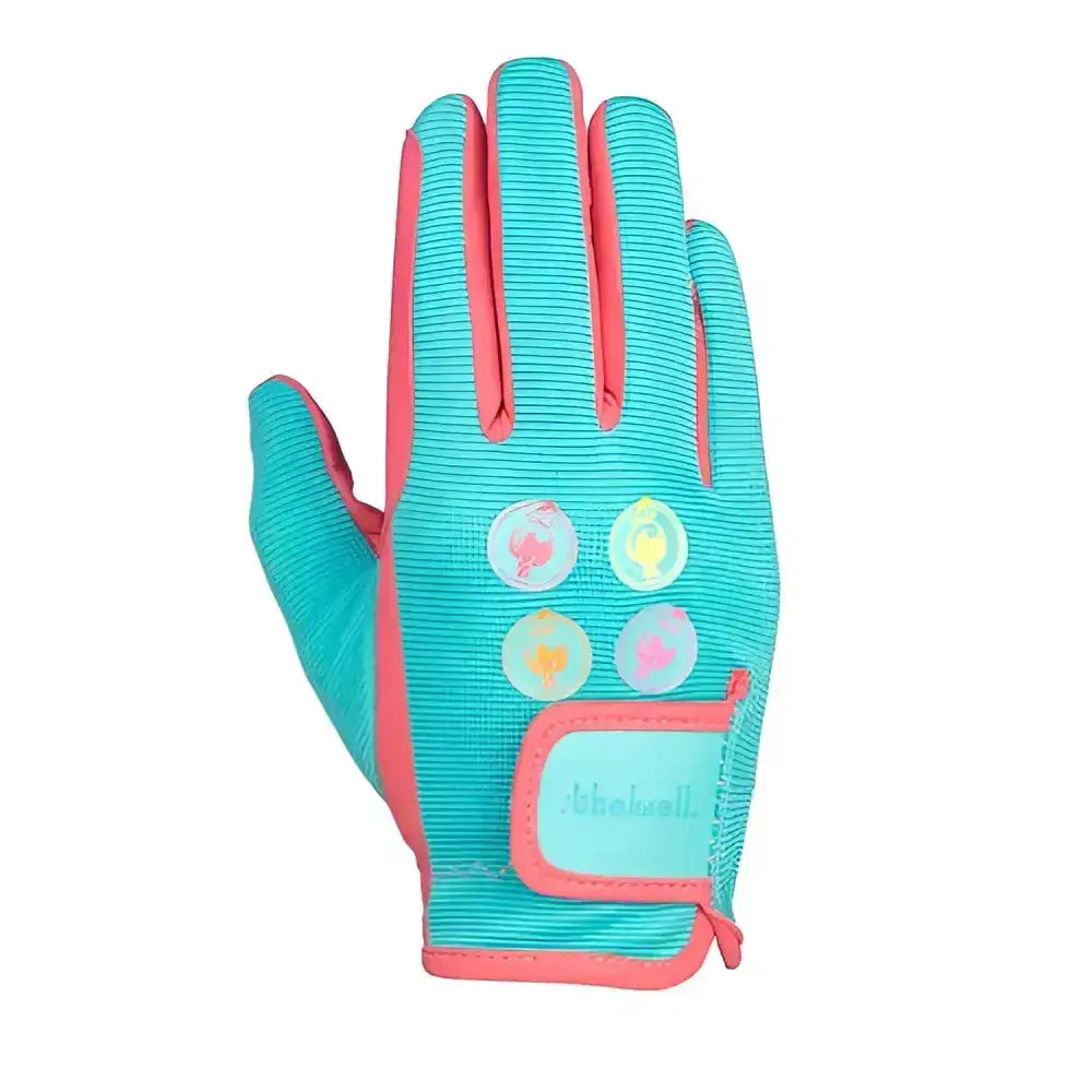 A vibrant turquoise and pink equestrian thelwell collection rounder riding glove with amara grip palm and colorful patches