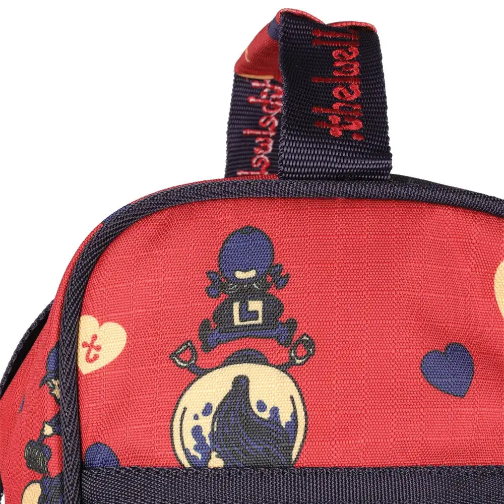 Red fabric equestrian thelwell collection balancing act boot bag with navy trim and cartoon ninja heart design