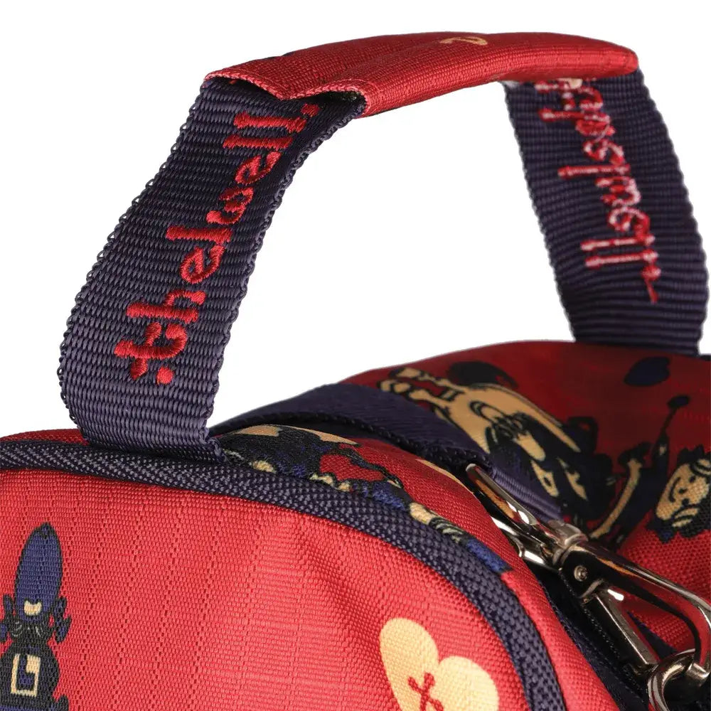 Red and navy blue mickey mouse-themed equestrian thelwell collection balancing act boot bag with embroidered the kelly handle