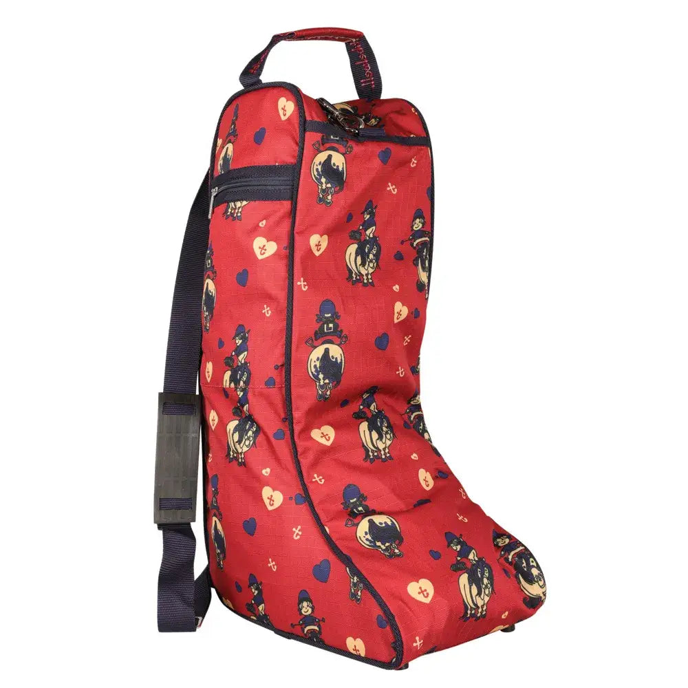 Red boot bag from hy equestrian thelwell collection balancing act with playful cartoon horse pattern on vibrant fabric