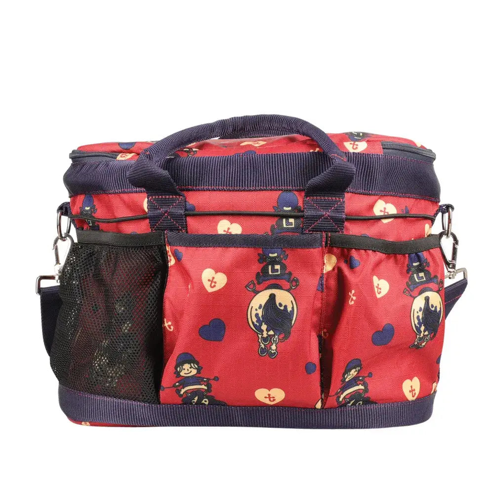 Red and navy blue patterned hy equestrian thelwell collection balancing act grooming bag with cartoon characters and mesh pockets