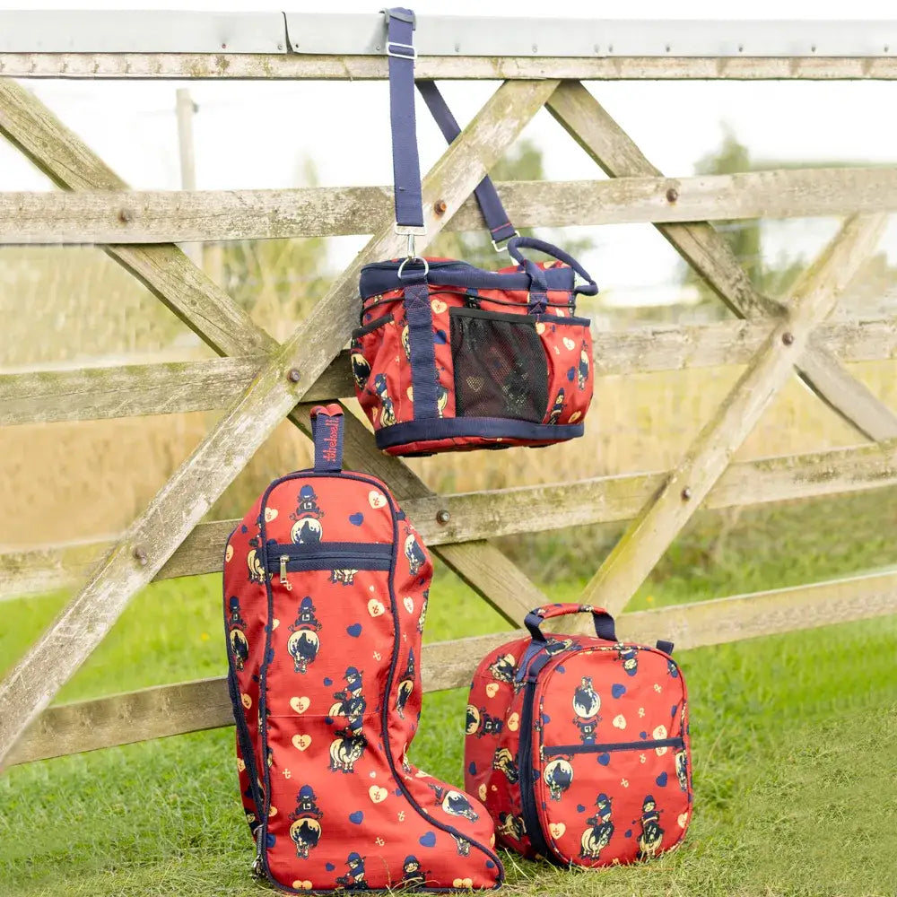 Red and navy blue horse-themed grooming bag set with heart patterns from hy equestrian thelwell collection balancing act