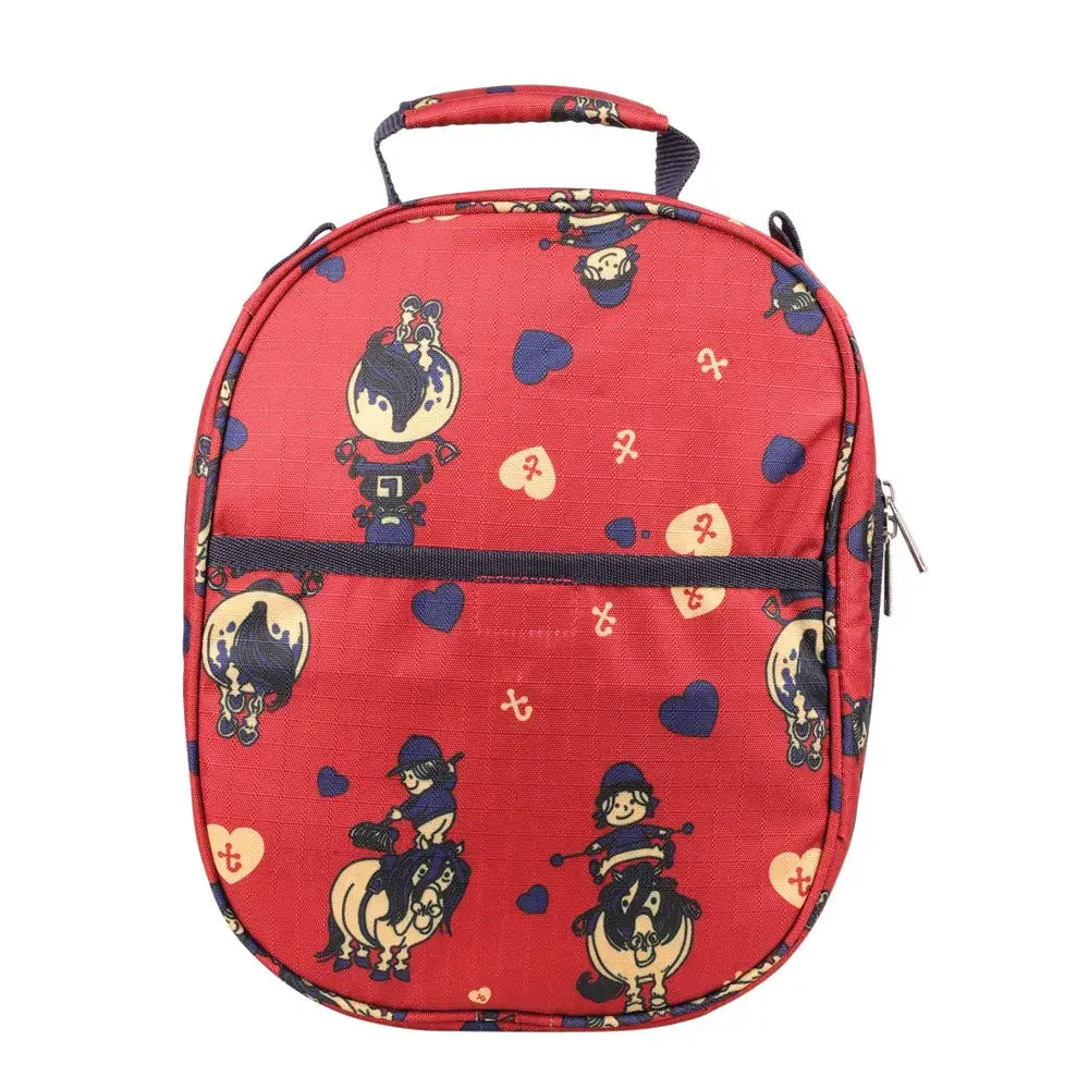 Red fabric lunch bag from equestrian thelwell collection with playful navy cream cartoons balancing act hat bag