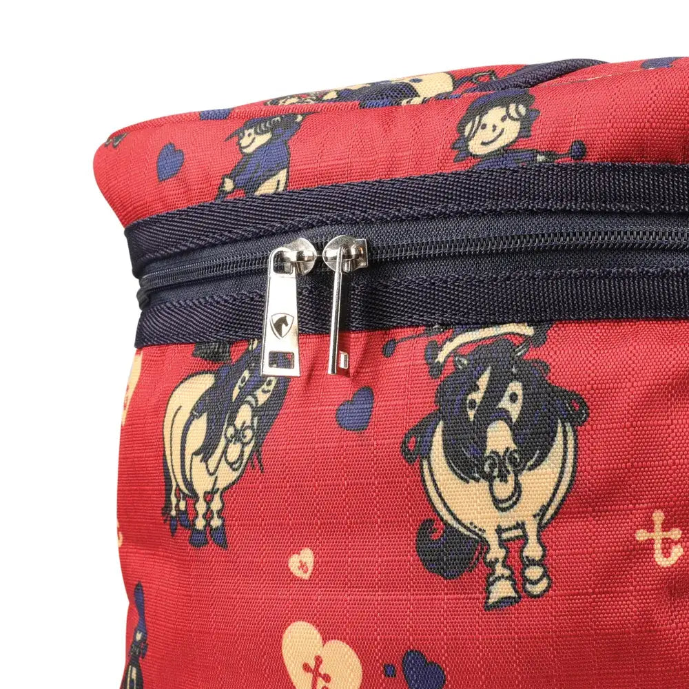 Red fabric pouch with navy blue zipper and cartoon horses pattern from hy equestrian thelwell collection balancing act hat bag