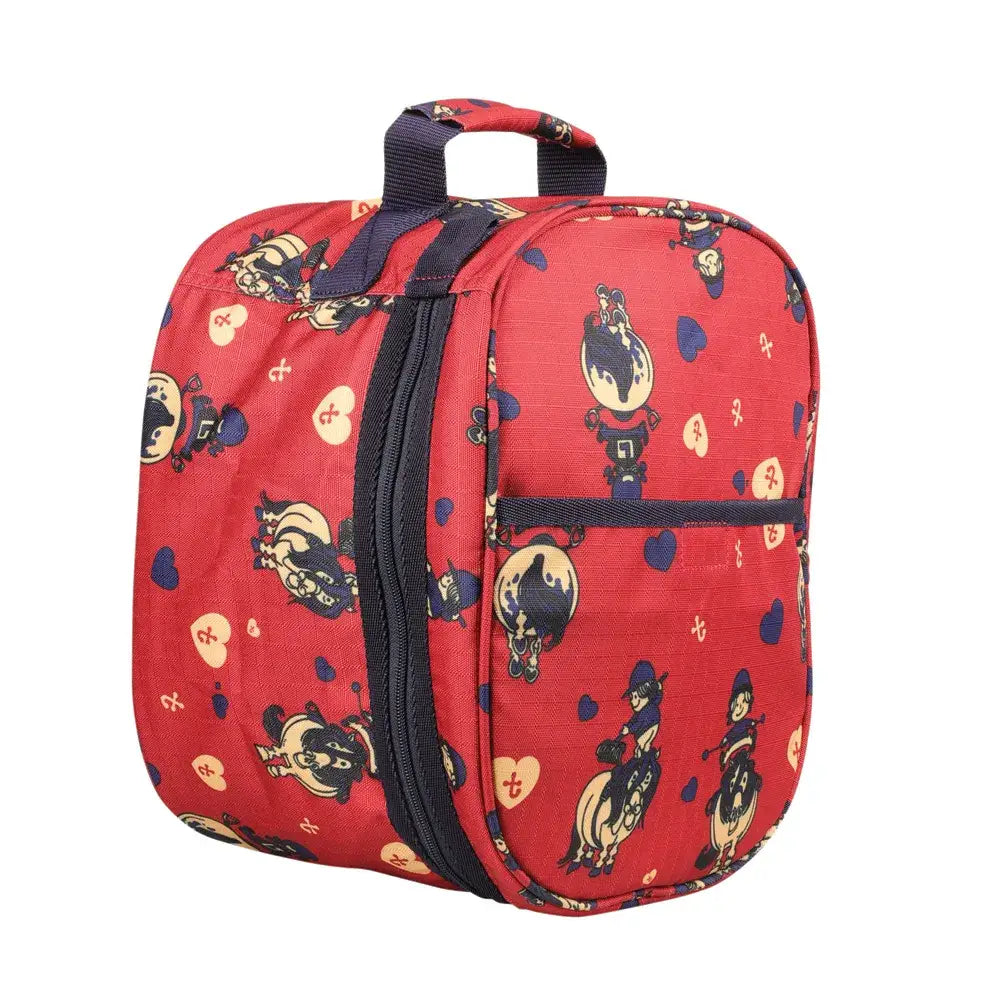 Red insulated balancing act hat bag from hy equestrian thelwell collection with playful black and white pug pattern