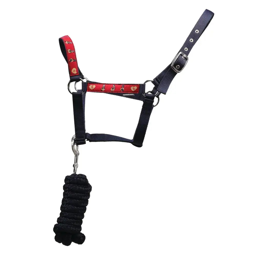 Red and black act head collar from hy equestrian thelwell collection balancing act with gold dog details and black lead rope