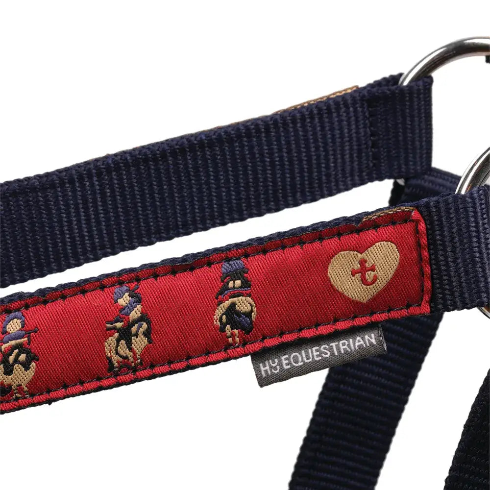 Navy blue and red embroidered horse act head collar with heart logo patch from hy equestrian thelwell collection balancing act