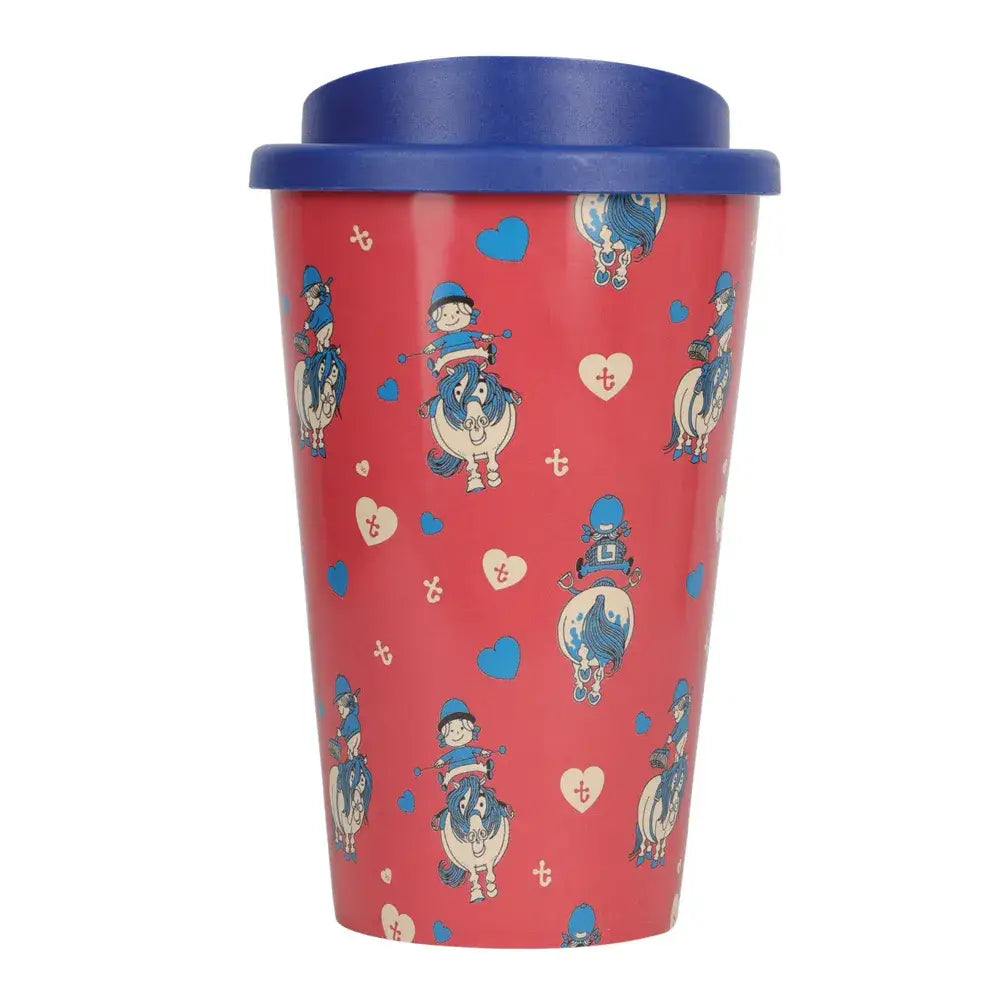 Red insulated travel mug with blue lid from hy equestrian thelwell collection balancing act featuring horse riders and hearts