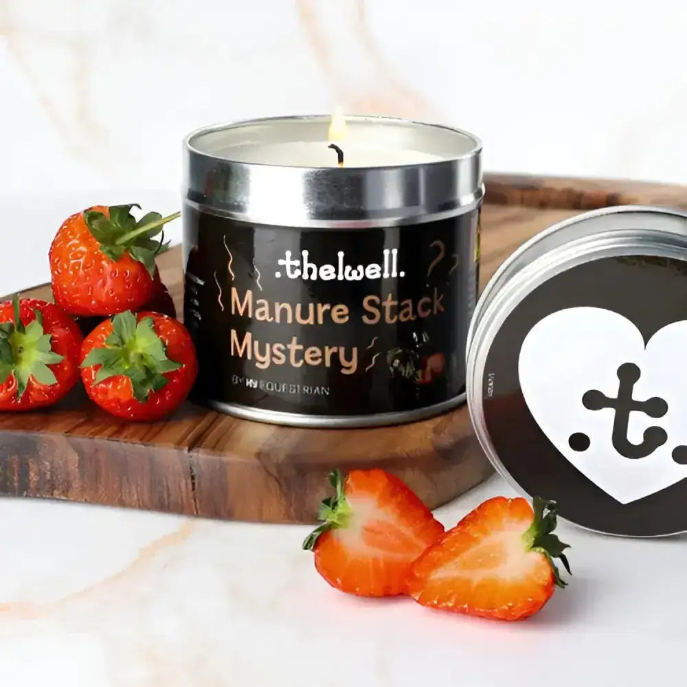 A lit black candle in a silver tin from the equestrian thelwell collection by the well with a long-lasting aromatic scent