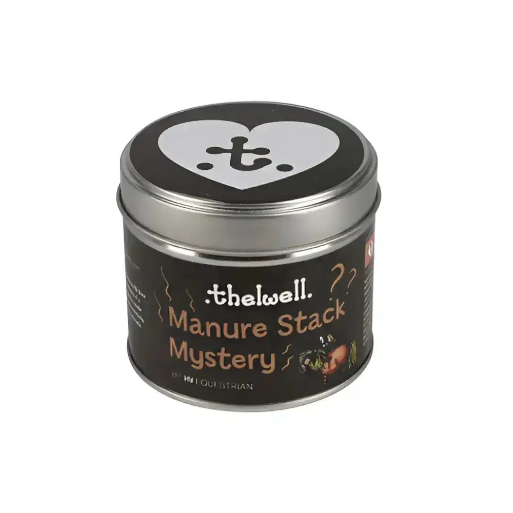 Black cylindrical tin with silver lid from Hy Equestrian thelwell collection candle a long-lasting aromatic candle
