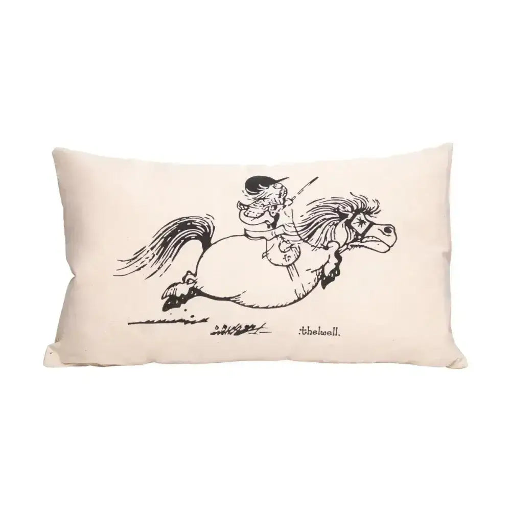 Cream canvas cushion from the equestrian thelwell collection with black ink rider on horse classic character design