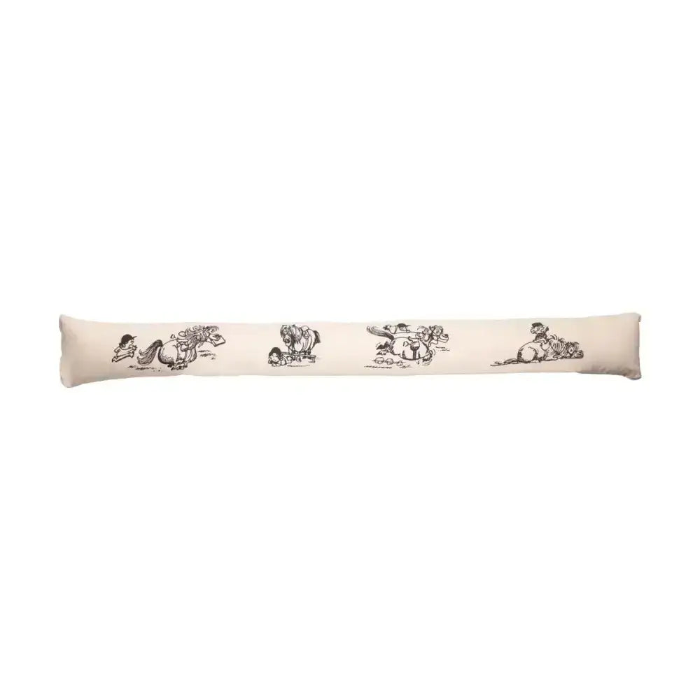 Cream-colored fabric equestrian thelwell collection draught excluder with black ink whimsical illustrations