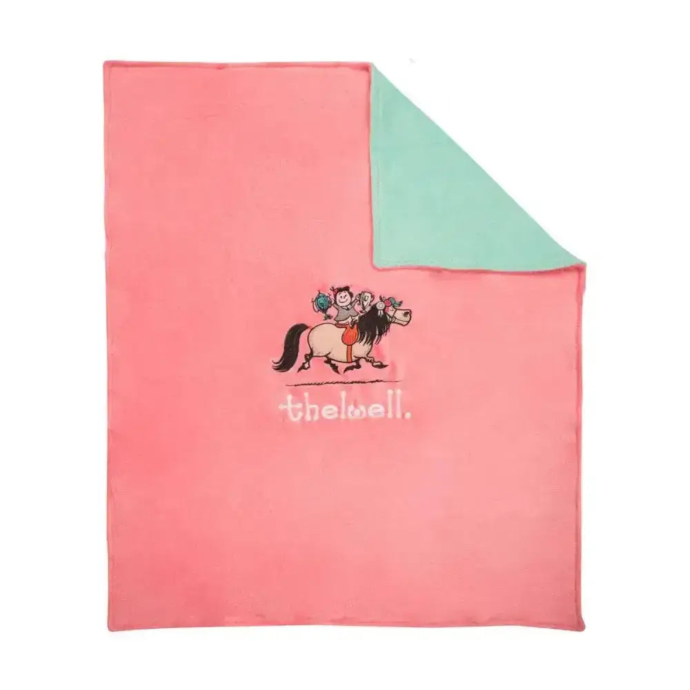 Pink plush thelwell collection fleece blanket with mint green underside and embroidered cartoon horse design for thelwell lover
