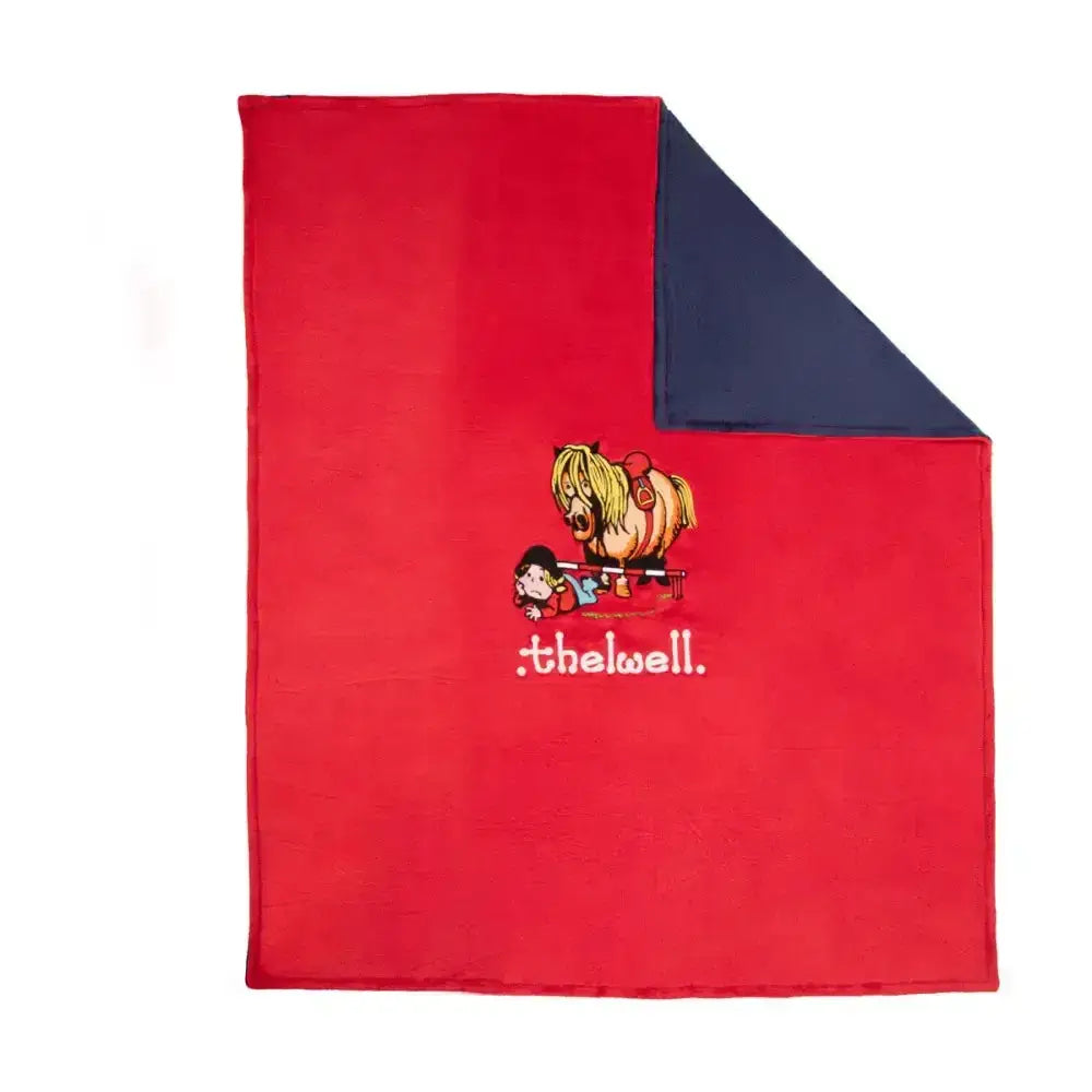 Red plush fleece blanket with navy blue underside embroidered with cartoon horse and child from thelwell collection fleece