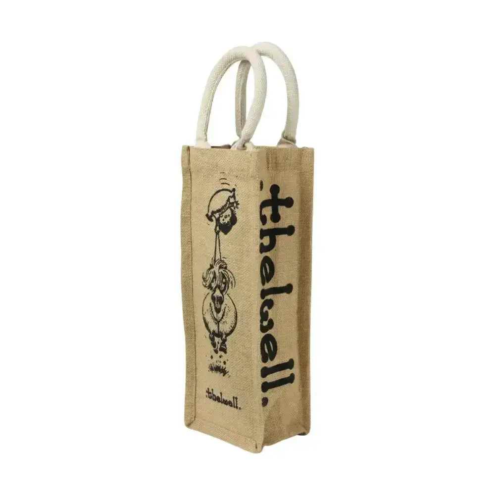 Beige jute hessian bottle bag with white handles and thelwell cartoon from hy equestrian thelwell collection