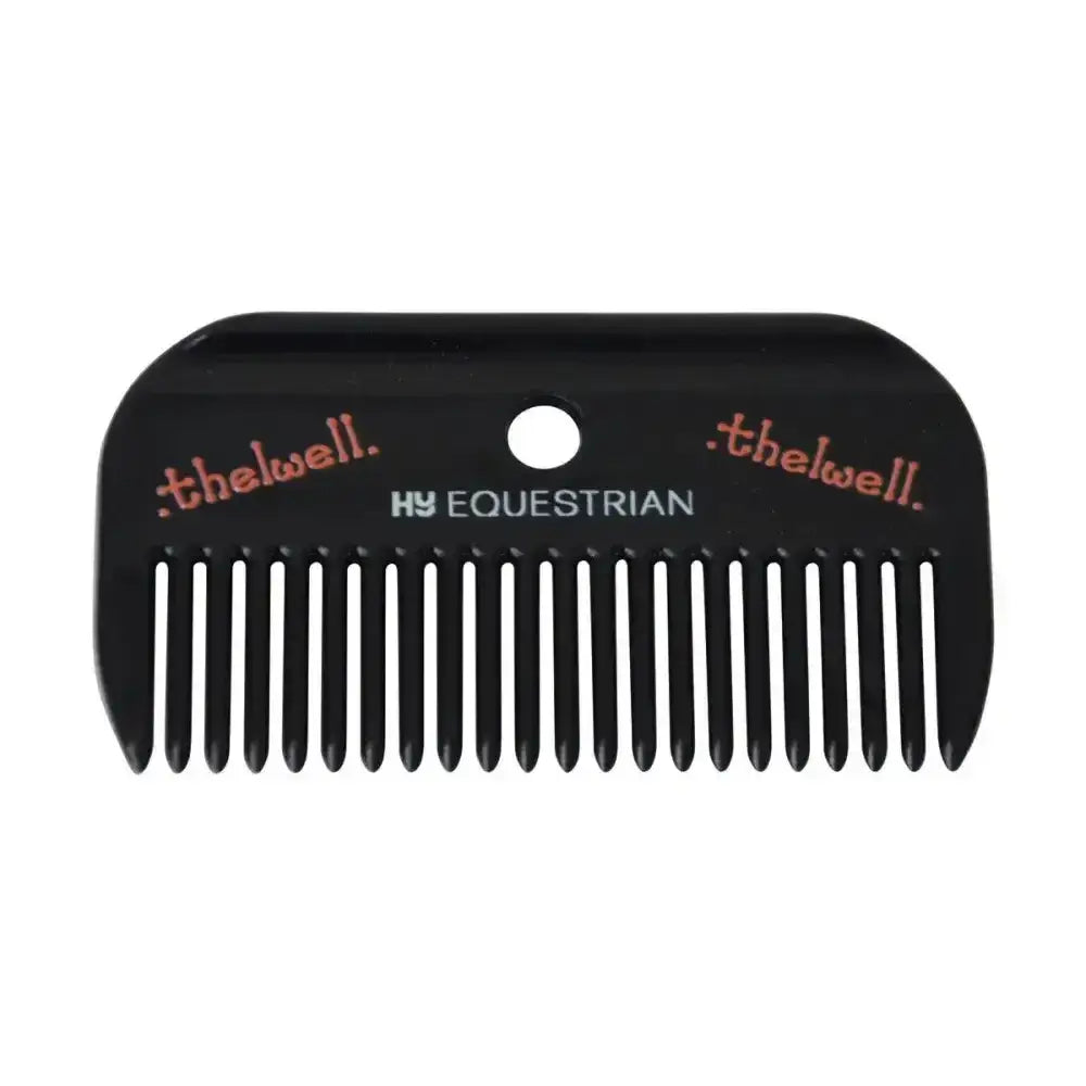 Black plastic handy mane comb from hy equestrian thelwell collection with red and white branding for grooming use