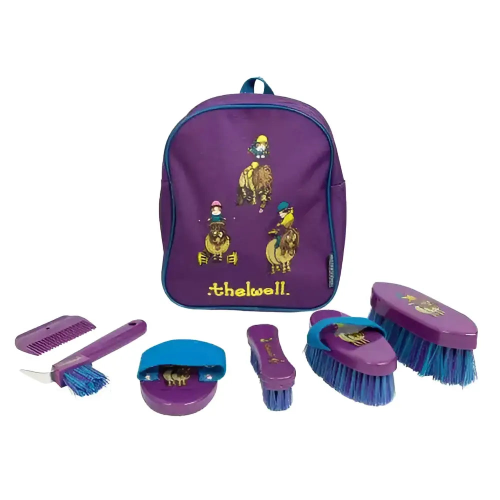 Purple and blue horse grooming kit rucksack from hy equestrian thelwell collection pony friends complete grooming set with cartoon riders