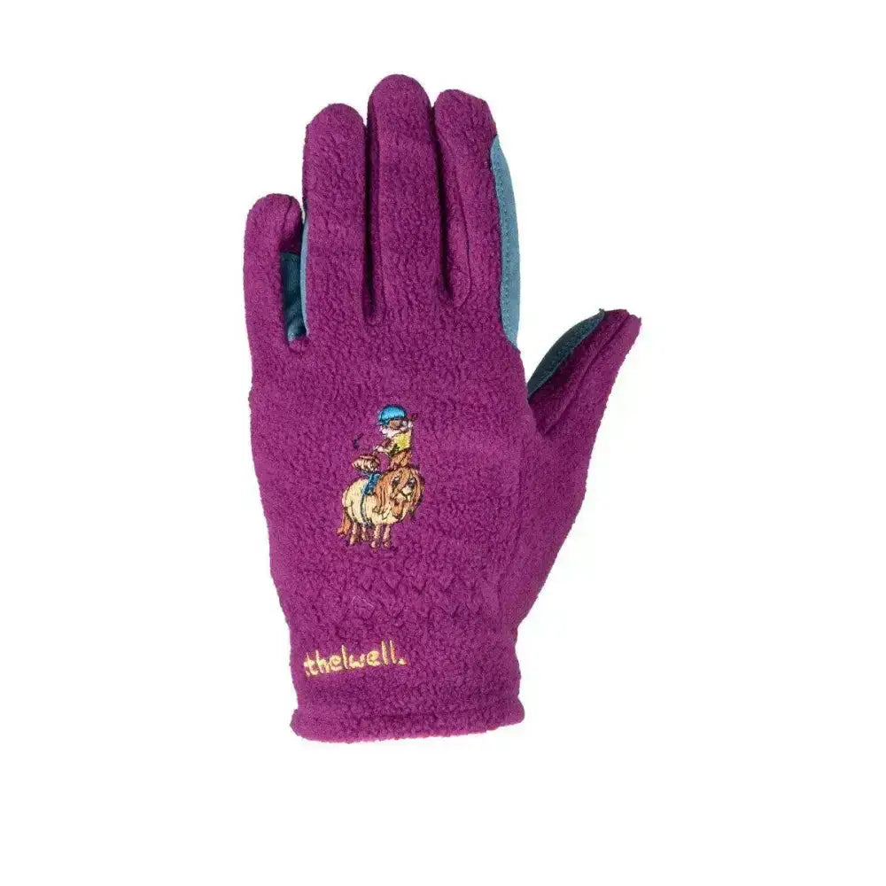 Purple fleece riding glove with teal fingertips and embroidered horse rider from hy equestrian thelwell collection pony friends fleece