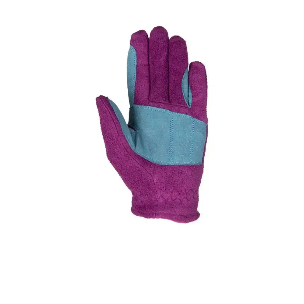 Purple and teal suede gardening glove with reinforced palm patches from hy equestrian thelwell collection pony friends fleece