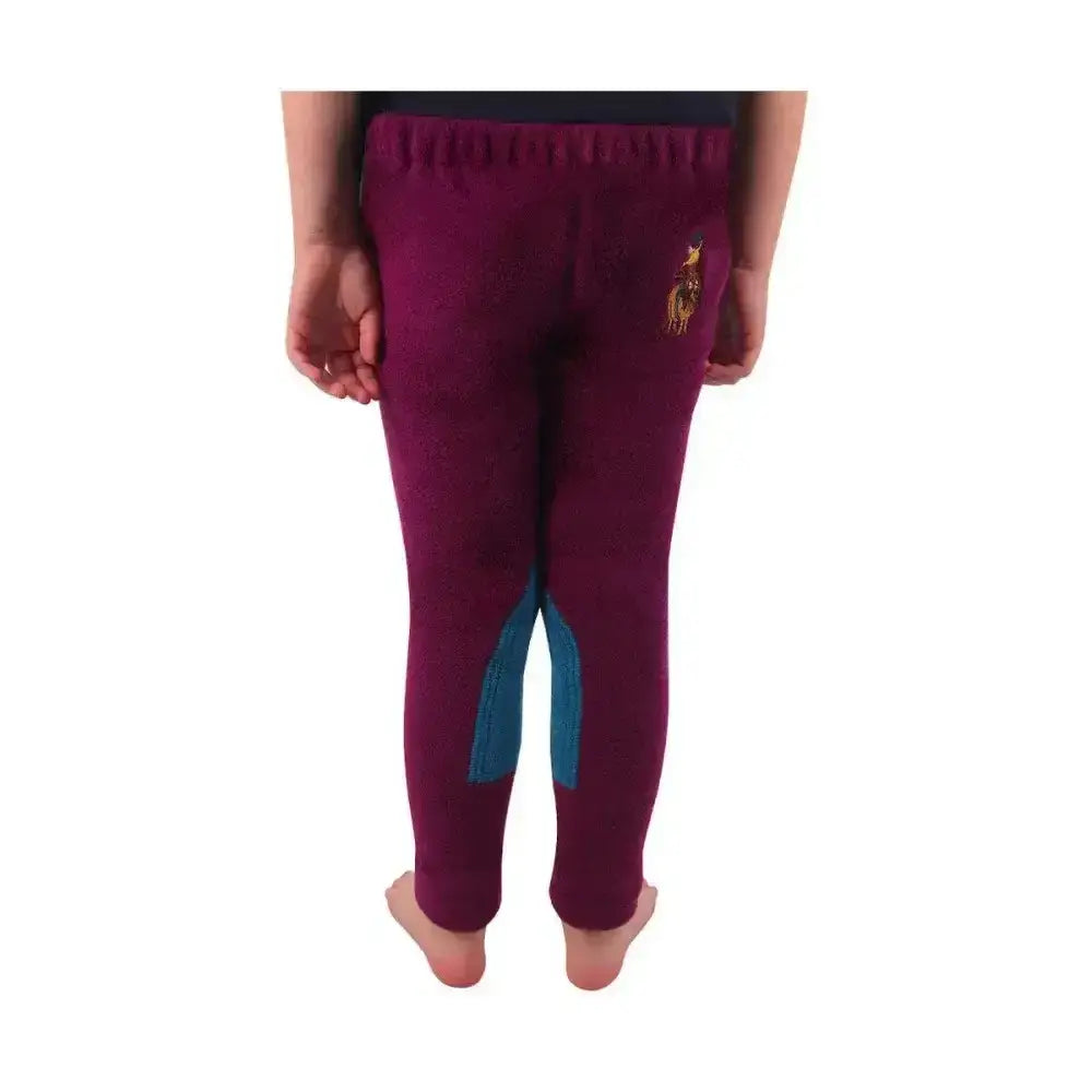Back view of maroon fleece leggings with teal side panels and gold horse emblem from hy equestrian thelwell collection pony