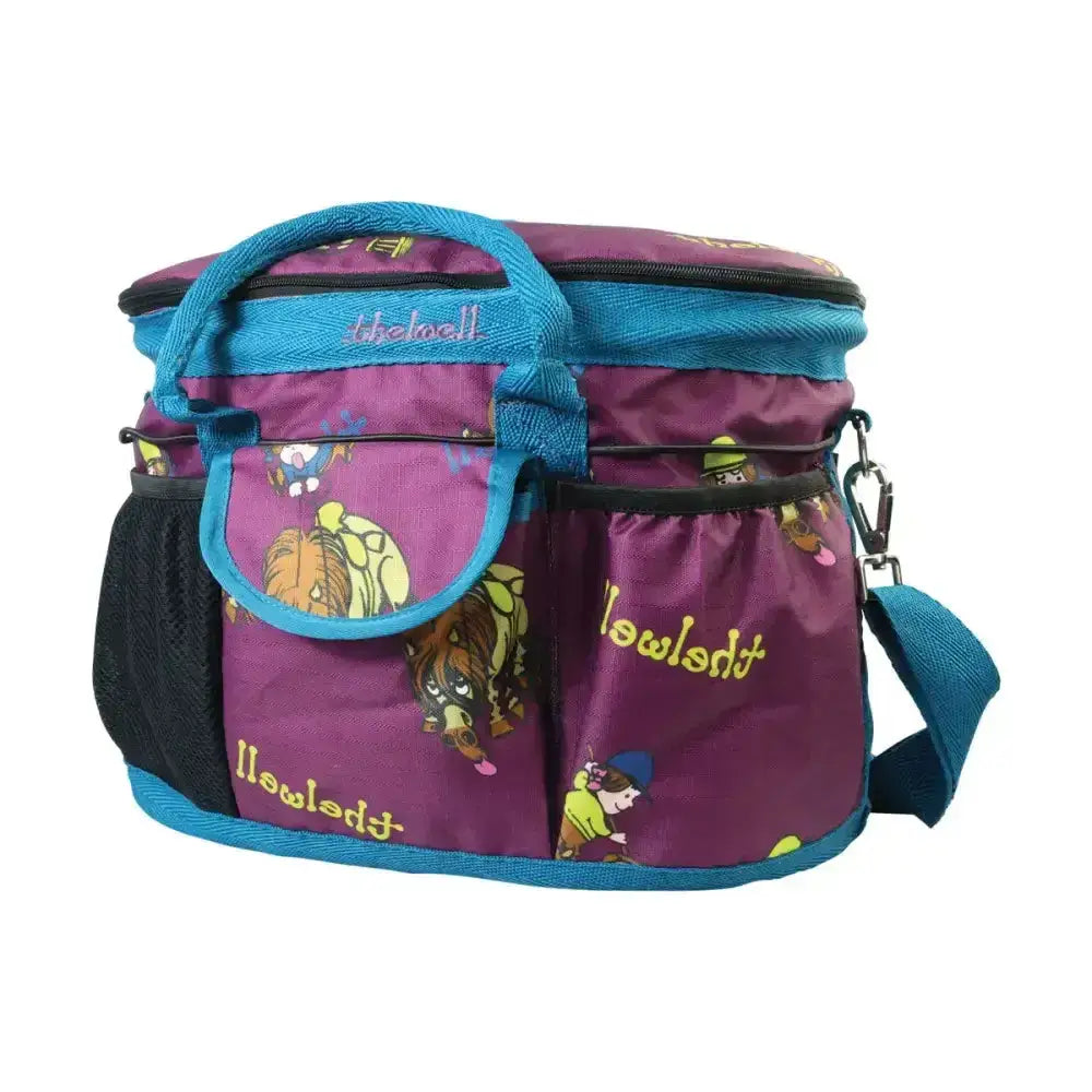 Purple and teal insulated cooler bag from hy equestrian thelwell collection pony friends grooming with horse and rider prints
