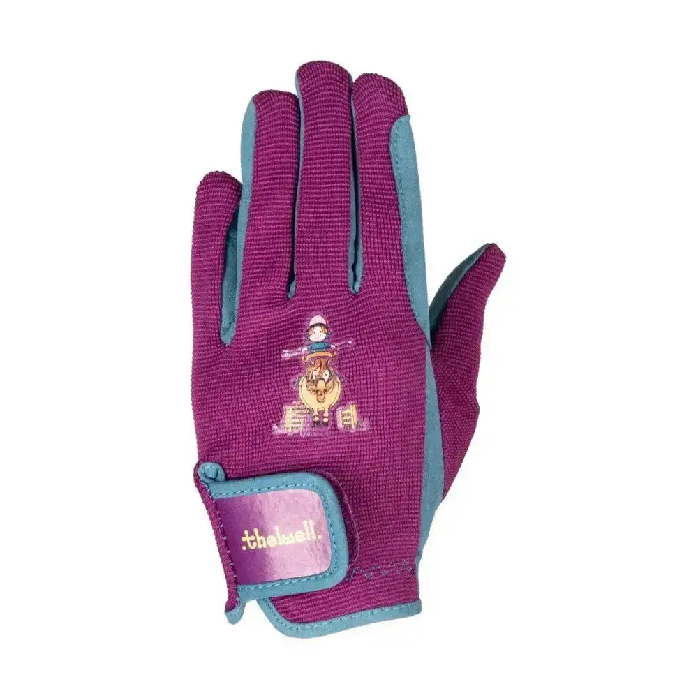Back of purple and teal kids riding gloves with cartoon patch from hy equestrian thelwell collection pony friends