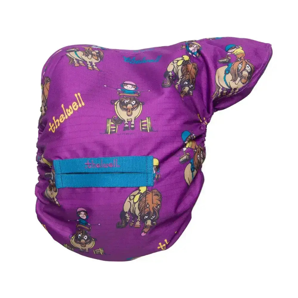 Purple thewell brand reusable cloth diaper with playful horses and riders from equestrian thelwell pony friends saddle cover