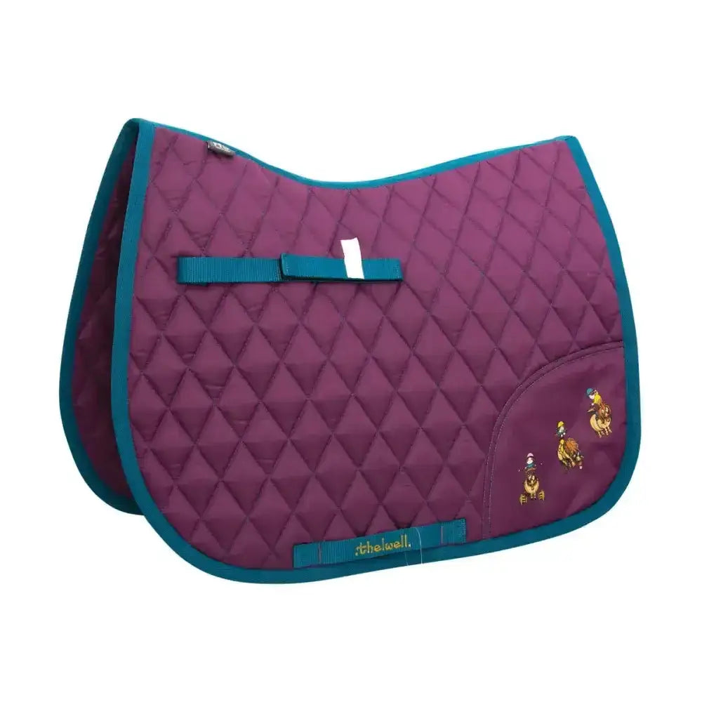 Purple quilted horse saddle pad with teal trim and embroidered equestrian thelwell collection pony figures from hy equestrian