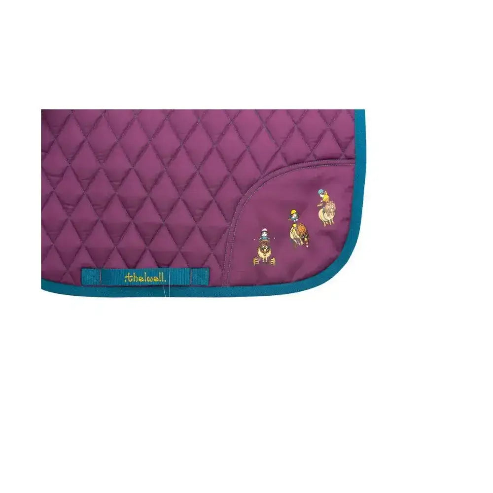 Purple quilted pony friends saddle pad with teal trim and embroidered polo players from hy equestrian thelwell collection