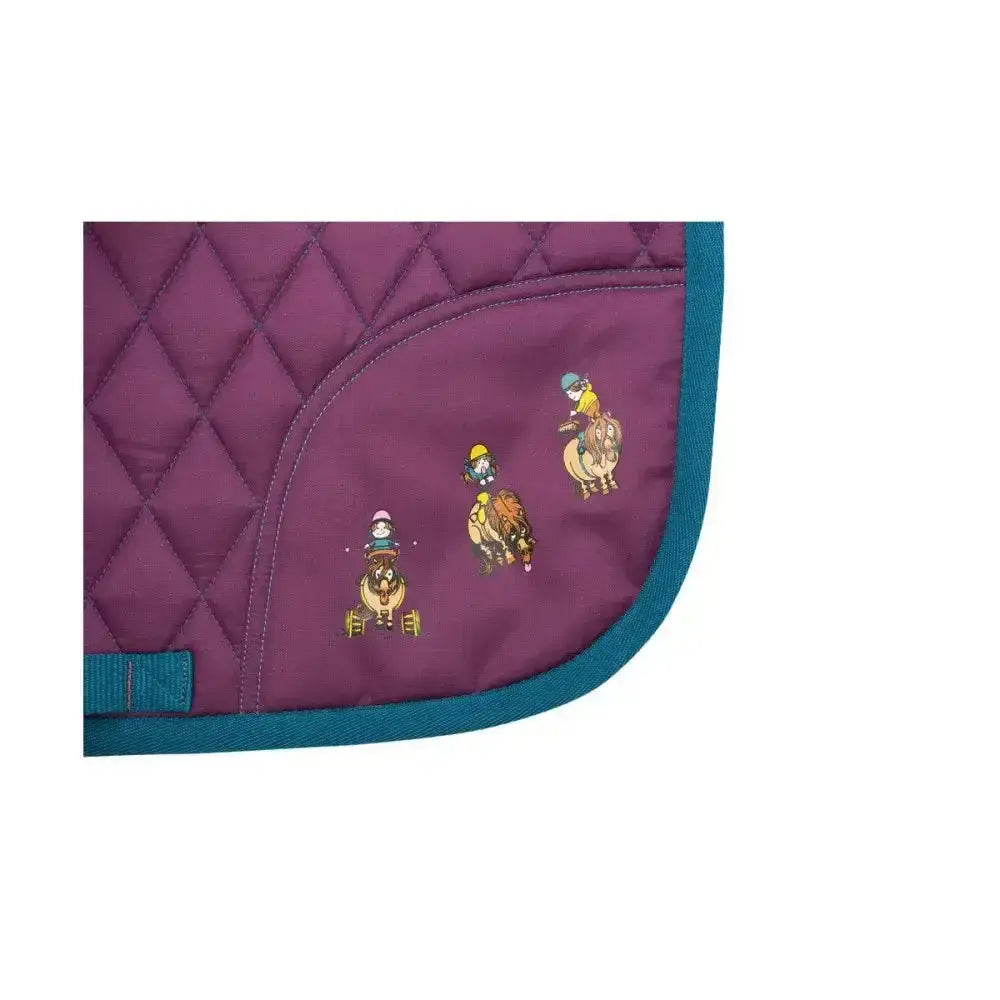 Purple quilted horse blanket with teal trim and embroidered cartoon riders from hy equestrian thelwell collection pony friends saddle