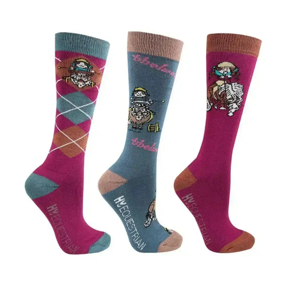 Hy Equestrian Thelwell Collection Pony Friends Socks (Pack of 3) Imperial Purple/Pacific Blue Adult Riding Socks