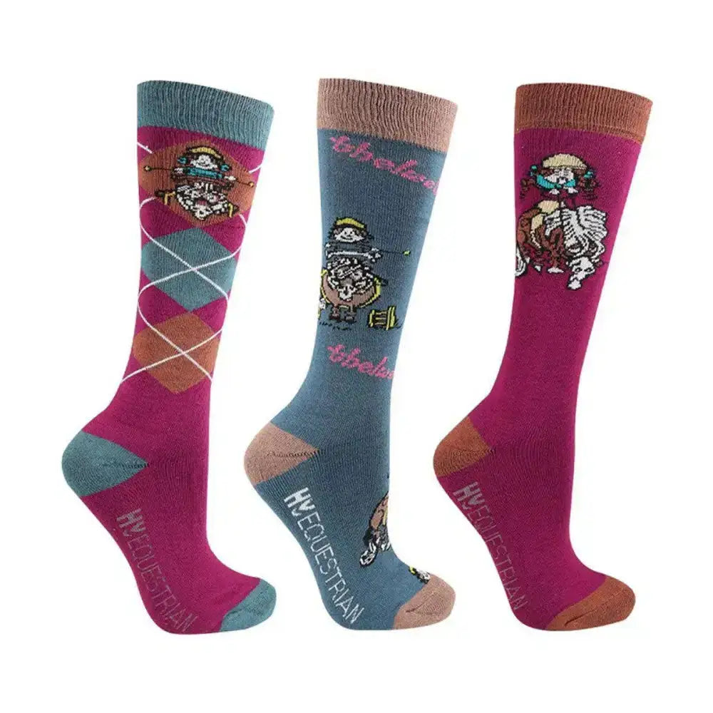 Three colorful hy equestrian thelwell collection pony friends socks with cartoon riders in magenta teal and brown