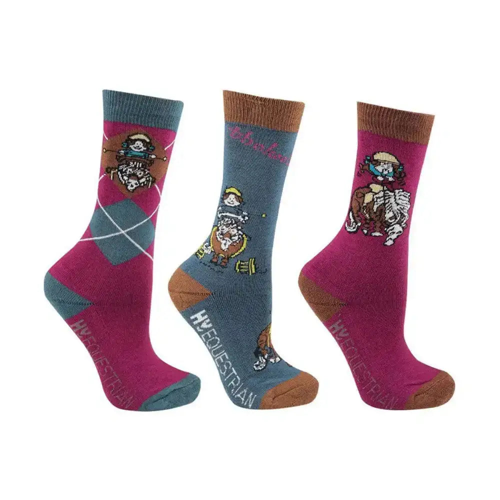 Set of three colorful equestrian thelwell collection pony friends socks with playful horse illustrations on argyle pattern
