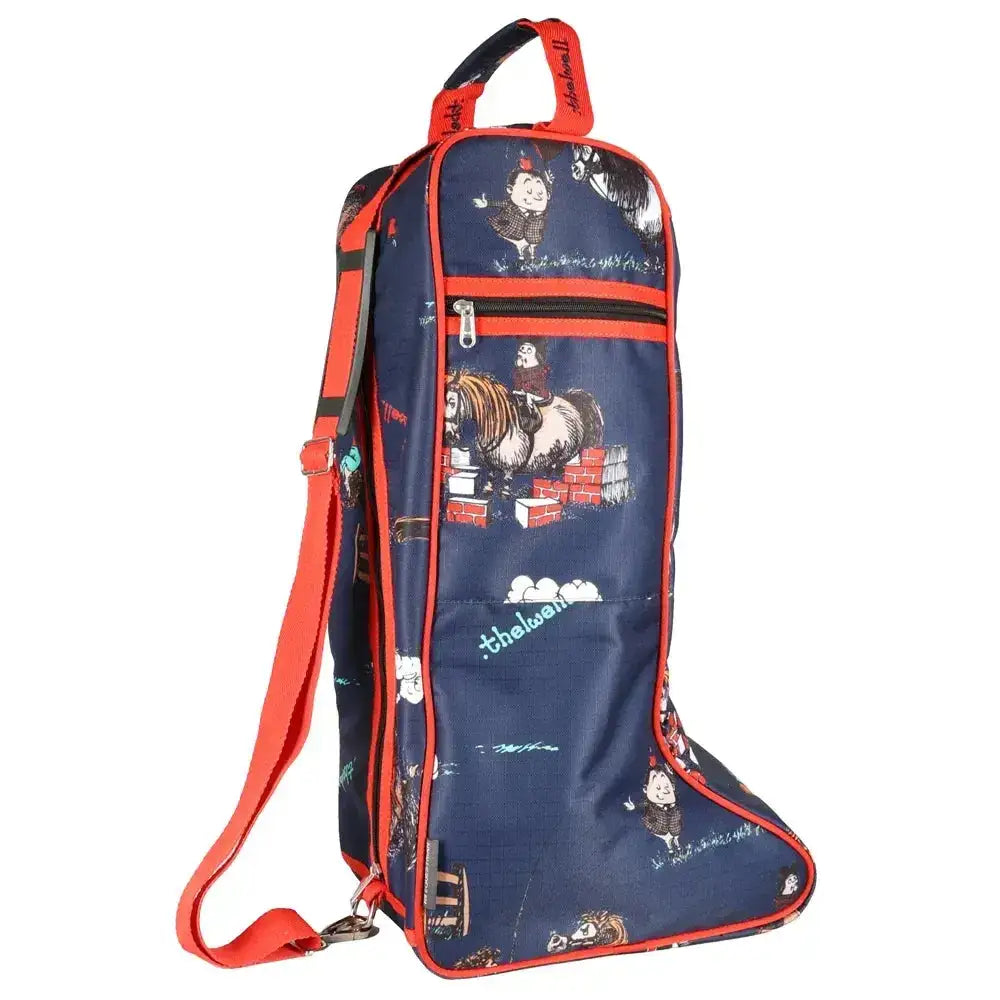 Navy blue and orange fabric horse themed boot bag from hy equestrian thelwell collection practice makes perfect