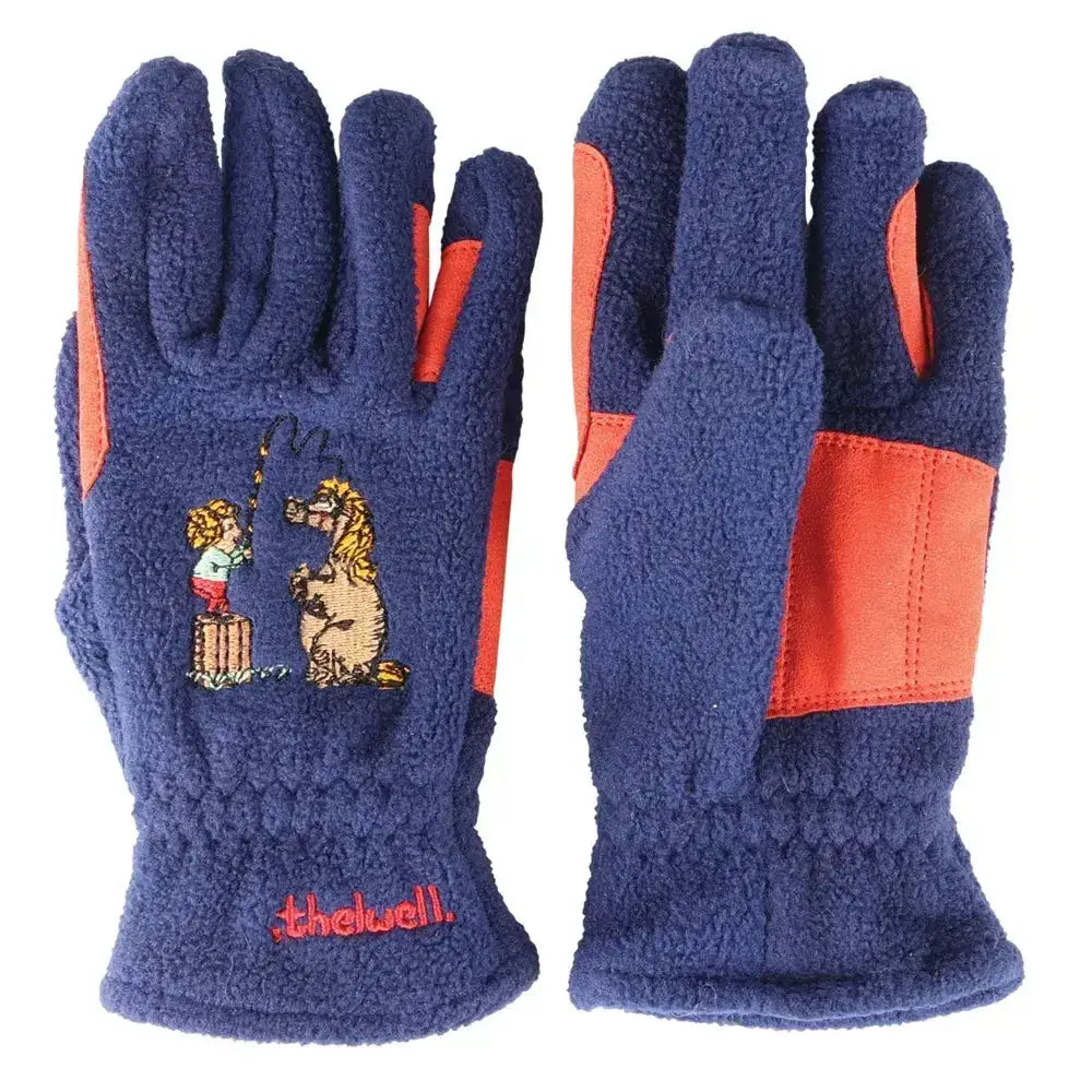 Navy blue fleece riding gloves with orange accents and embroidered child fishing with lion from hy equestrian thelwell collection practice