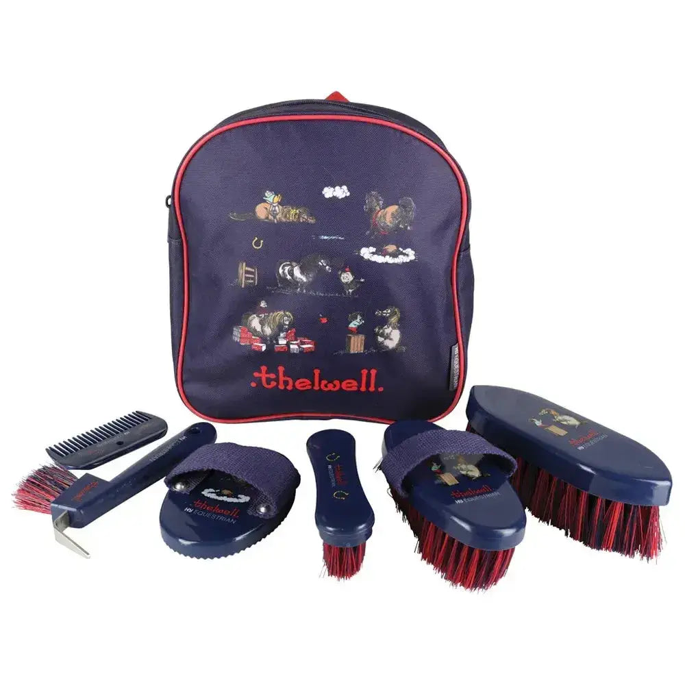 Navy blue horse grooming kit rucksack with red trim and cartoon animals from hy equestrian thelwell collection perfect complete grooming set