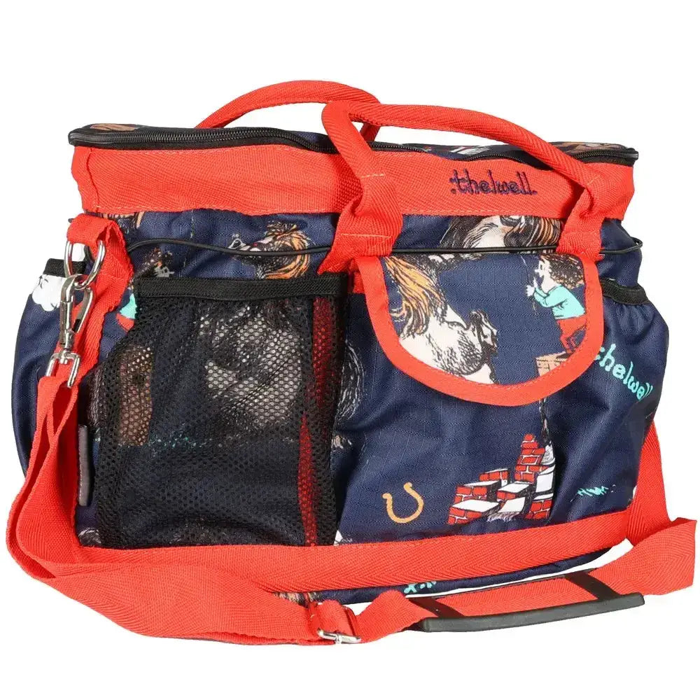Navy blue and orange horse-themed grooming bag with mesh side pocket from the equestrian thelwell collection