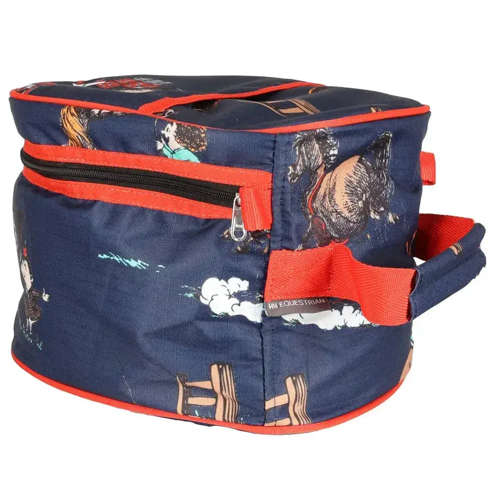 Navy blue equestrian thelwell collection practice makes perfect hat bag with orange trim and horse rider illustrations