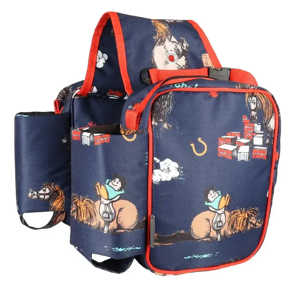 Navy blue fabric bike basket with red trim and cartoon horses from hy equestrian thelwell collection practice makes perfect