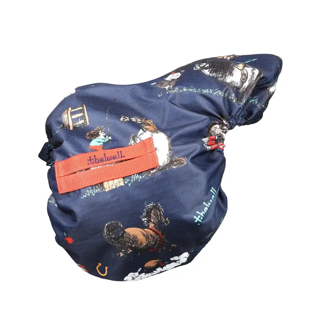 Navy blue fabric tote bag with horse and rider prints and orange strap from thelwell collection practice saddle cover