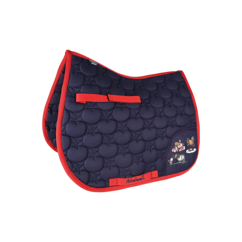 Navy blue quilted saddle pad with red trim and embroidered horse design from hy equestrian thelwell collection