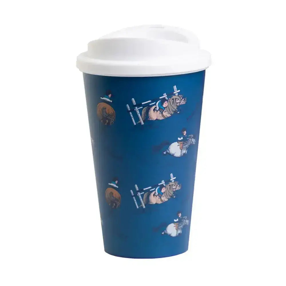 Blue Hy equestrian thelwell collection travel mug with white lid and cartoon riders pattern from thelwell collection practice