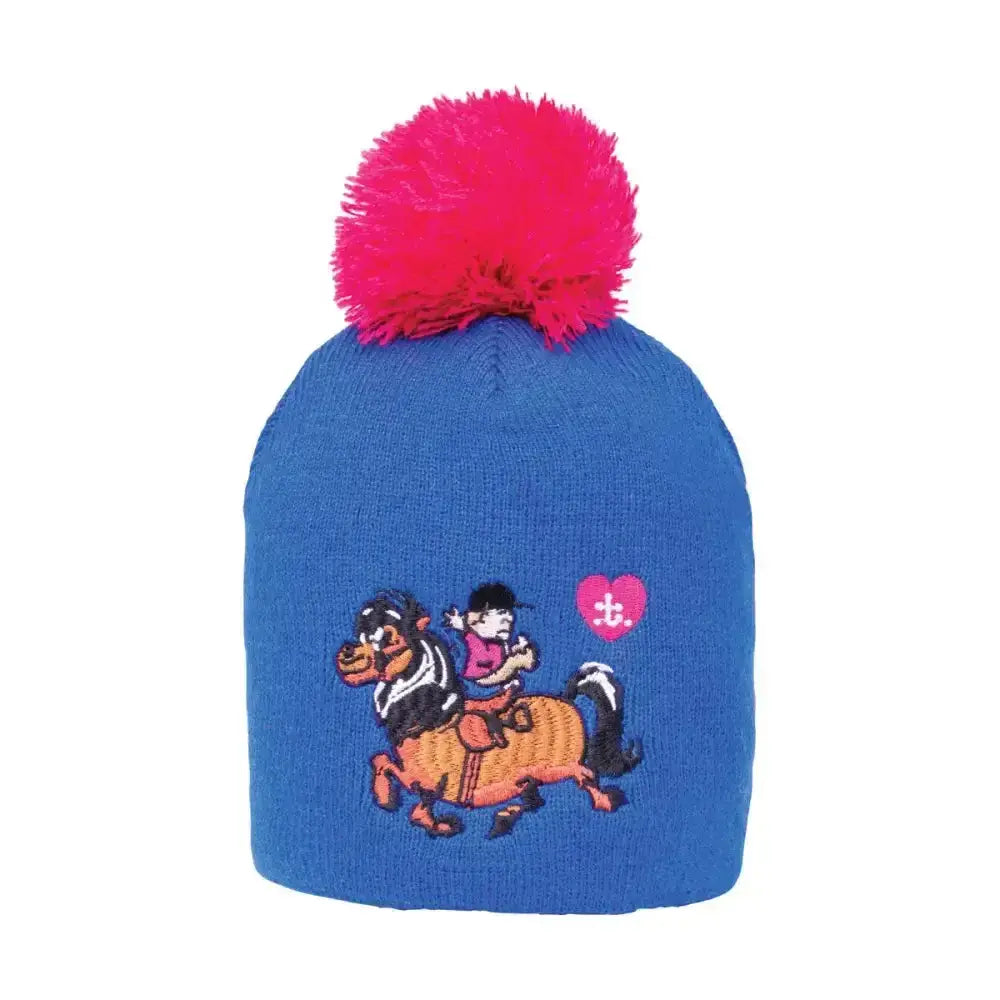 Blue knitted beanie with bright pink pom pom and cartoon horse design from equestrian thelwell collection race range