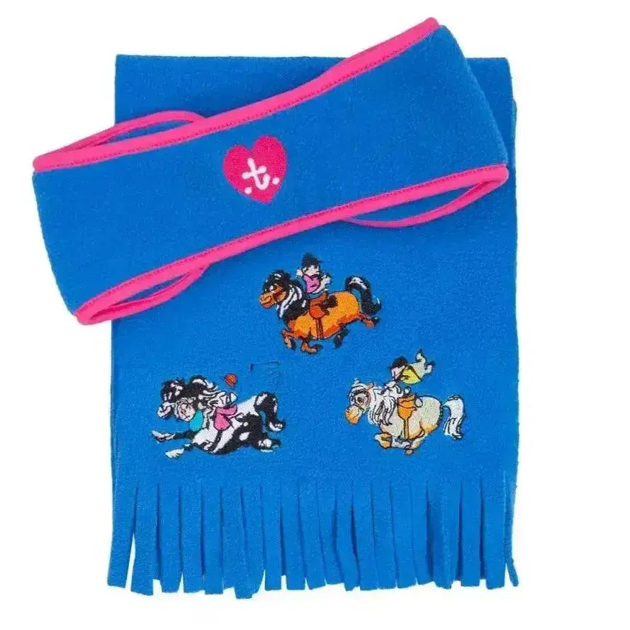 Bright blue fleece scarf with pink trim and embroidered horse riders from Hy Equestrian Thelwell Collection race fleece headband set