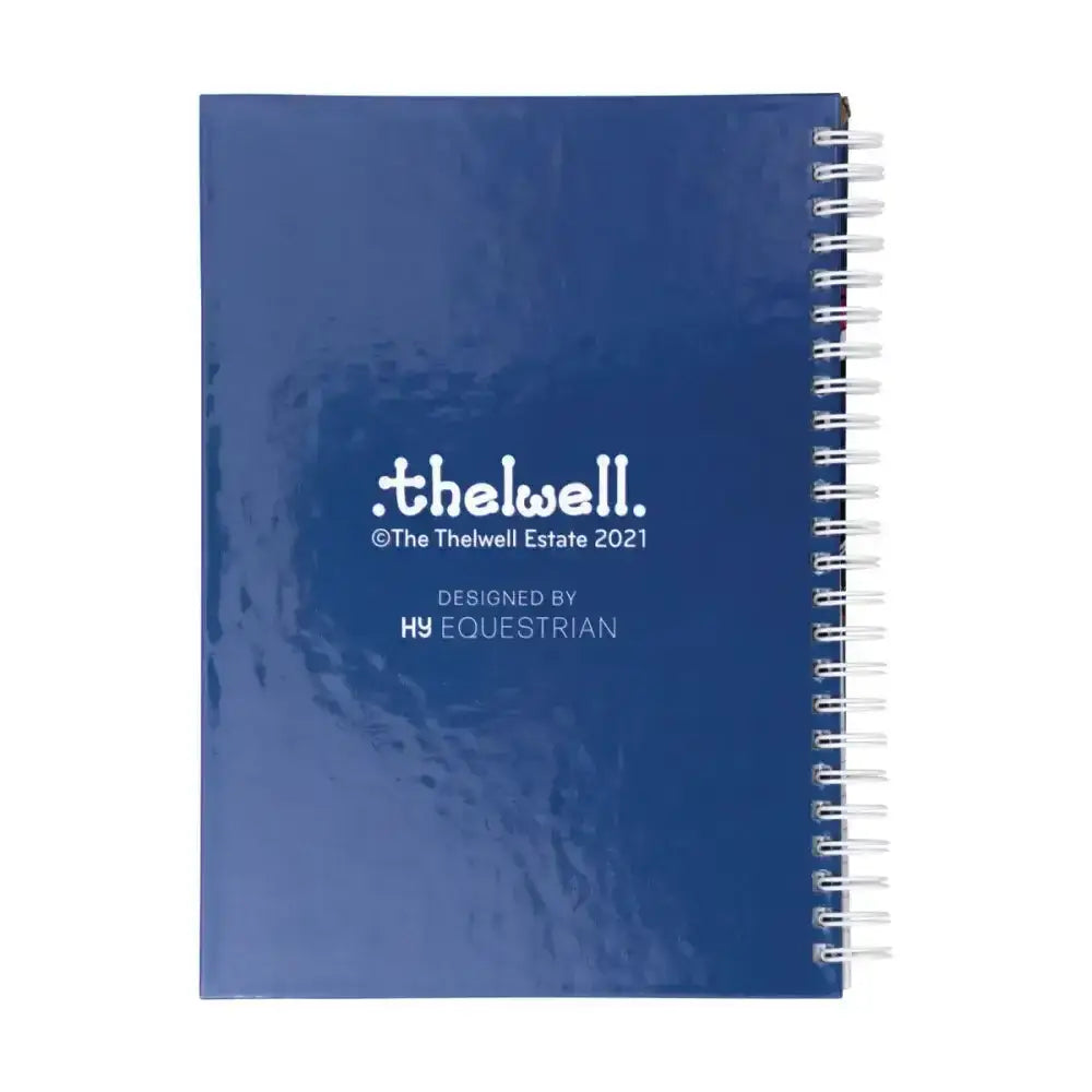 Deep blue spiral-bound thelwell race notebook with glossy finish and white branding from hy equestrian thelwell collection