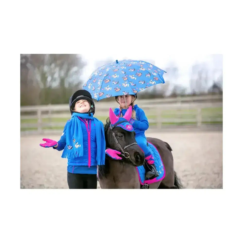 Blue umbrella from hy equestrian thelwell collection race with pink horse patterns perfect for rainy days