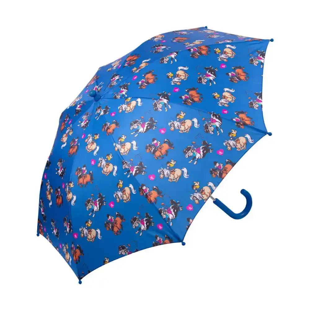 Blue umbrella from the hy equestrian thelwell collection race featuring colorful cartoon horses and a matching blue curved handle