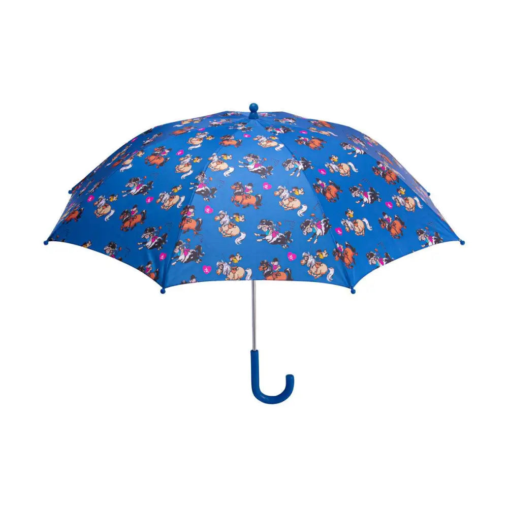 Blue umbrella from hy equestrian thelwell collection race umbrella with playful cartoon horses and matching blue handle