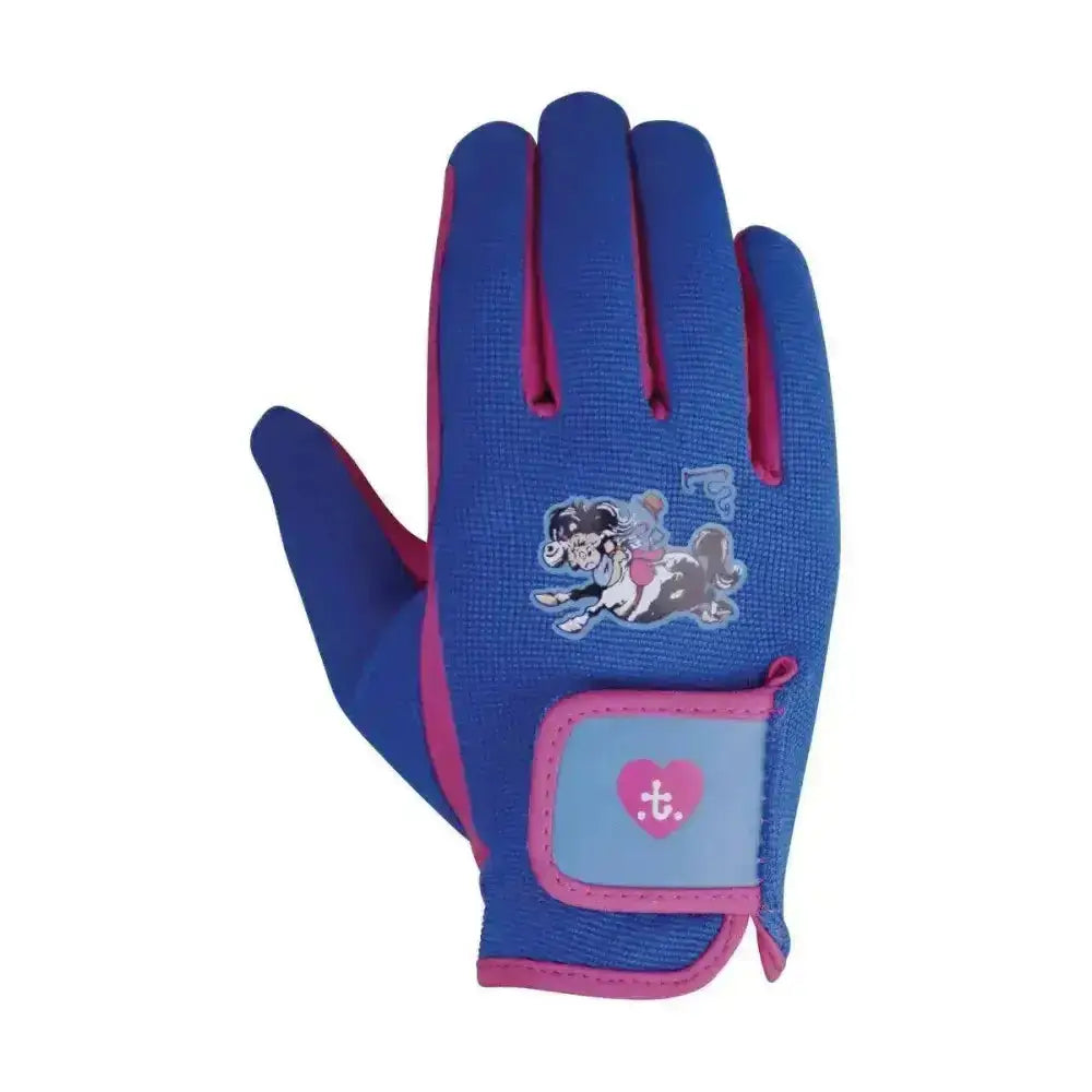Back of blue and pink childrens riding gloves with cartoon horse design from hy equestrian thelwell race collection