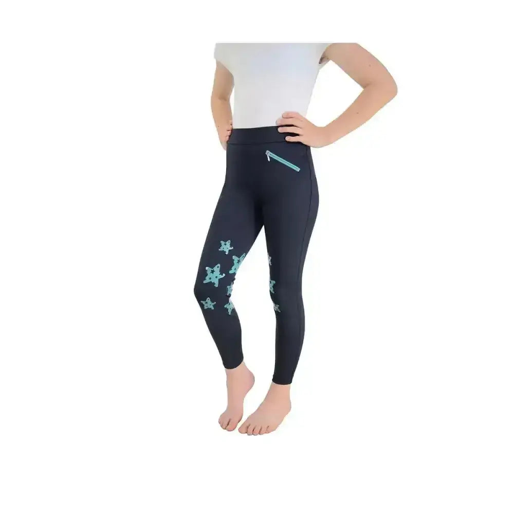 Black equestrian theodora children’s riding tights with teal butterfly prints and a zippered thigh pocket
